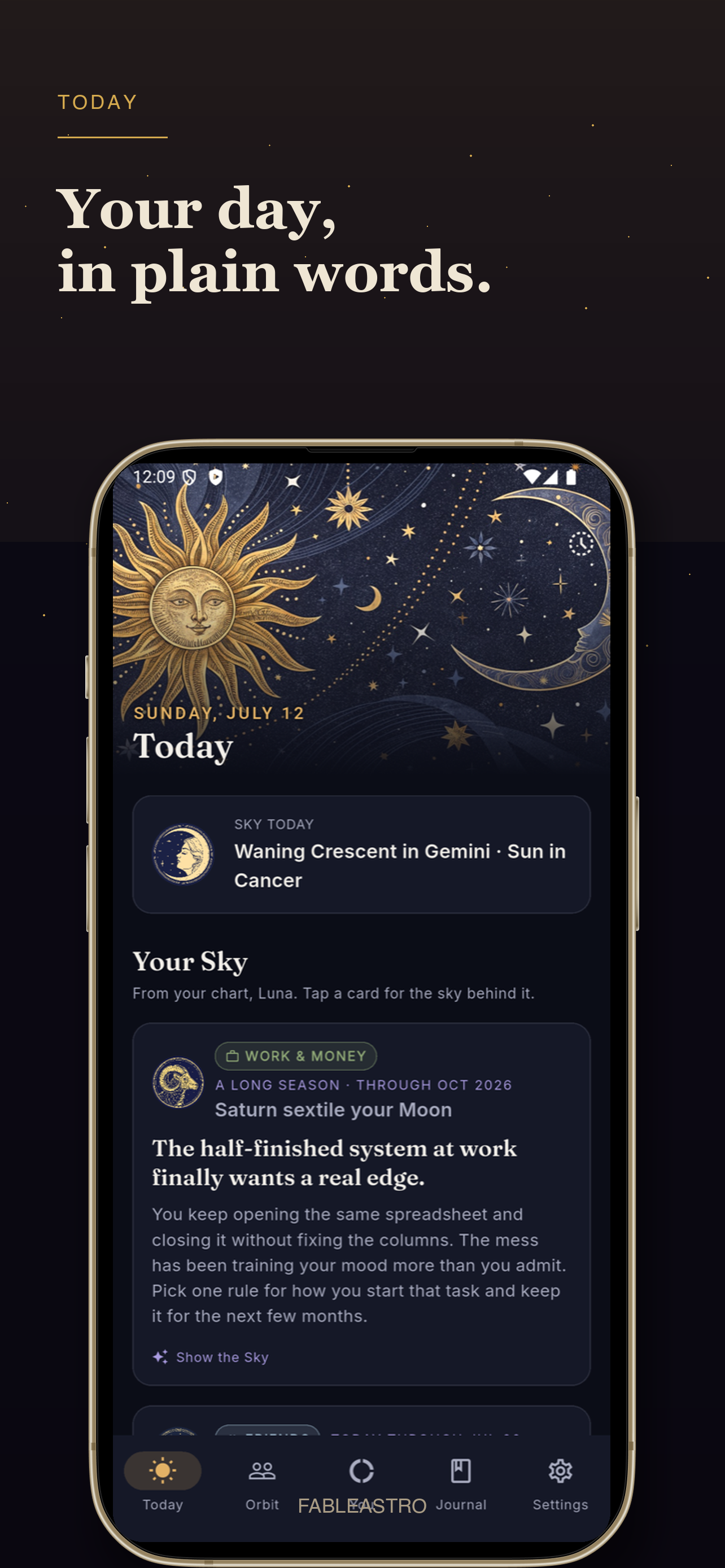 FableAstro Today screen showing a personal daily astrology reading for work and money